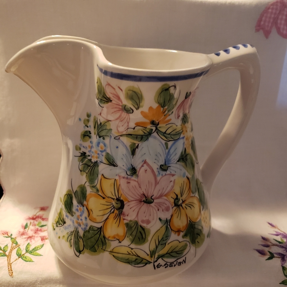 Beautiful And Vintage Hand Painted Italian Pitcher Signed